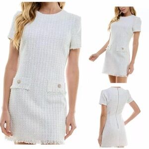 BeBop White Tweed Mini Shift Dress M Textured 70’s Preppy Coquette Retro Career